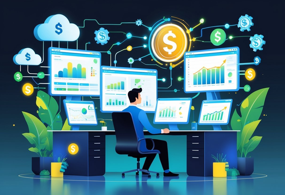 Pessoa trabalhando em uma mesa com vários monitores mostrando gráficos e ícones digitais conectados a símbolos de dinheiro, representando estratégias automatizadas para transformar conteúdo em receita.