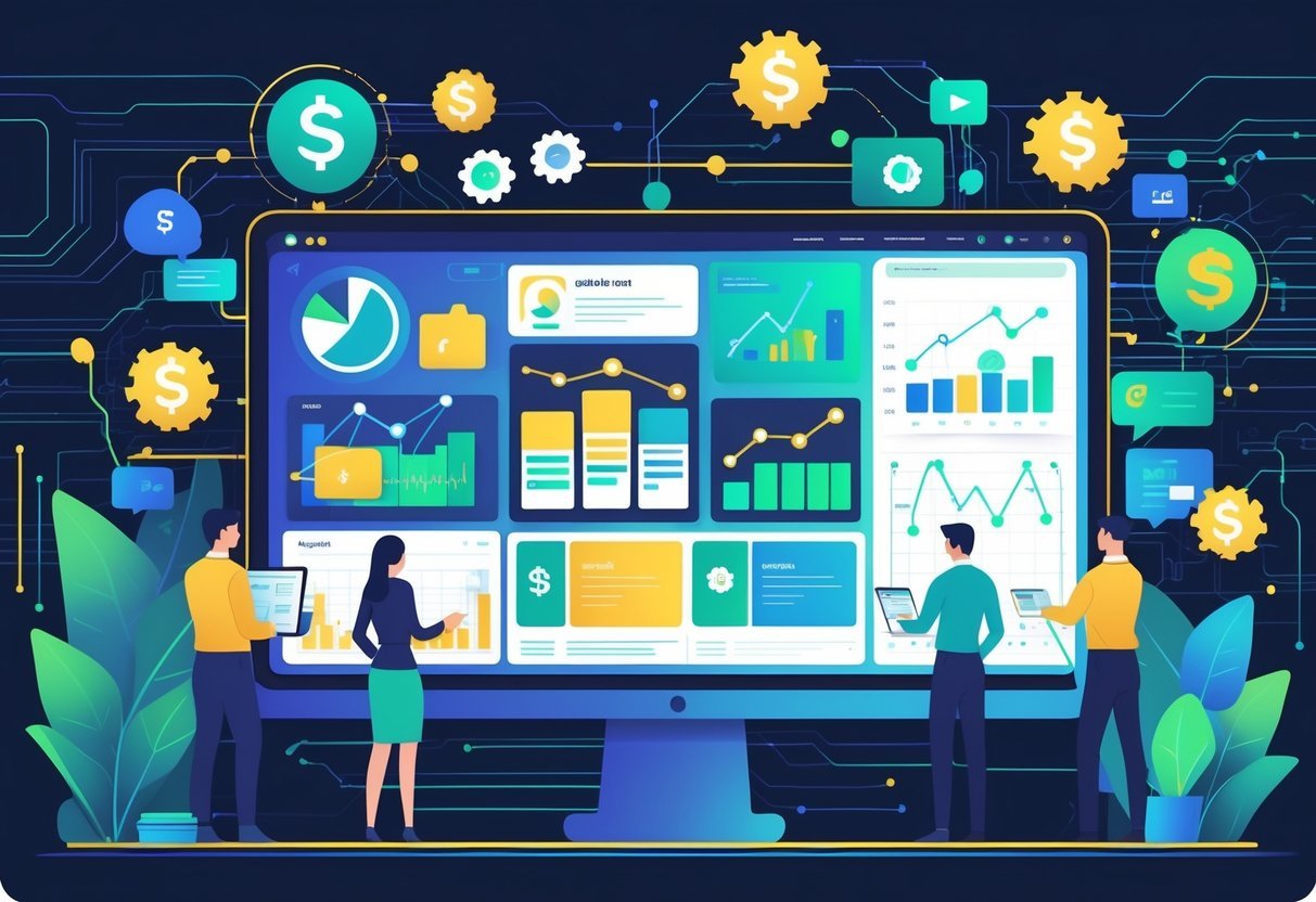 Um ambiente de trabalho moderno com profissionais analisando gráficos e códigos em um computador, mostrando a automação da transformação de conteúdo digital em receita.